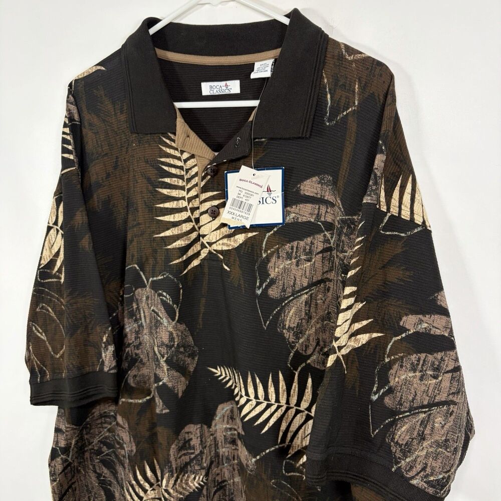 Boca Classics Polo Shirt Mens 3XL Black Brown Palm Floral VTG Deadstock NWT